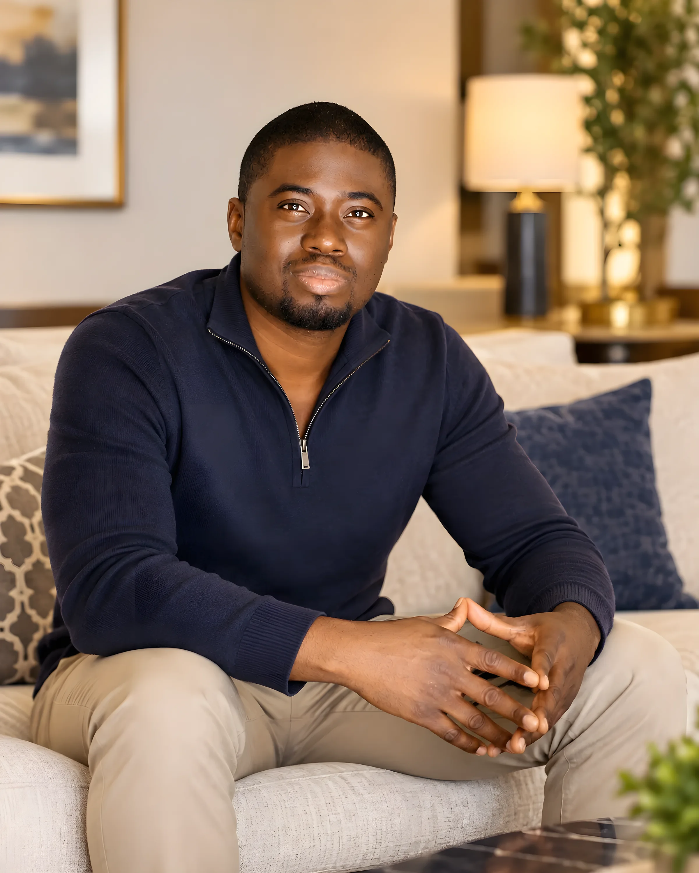 Chi Odogwu in a navy quarter-zip sweater, seated on a sofa with his hands clasped