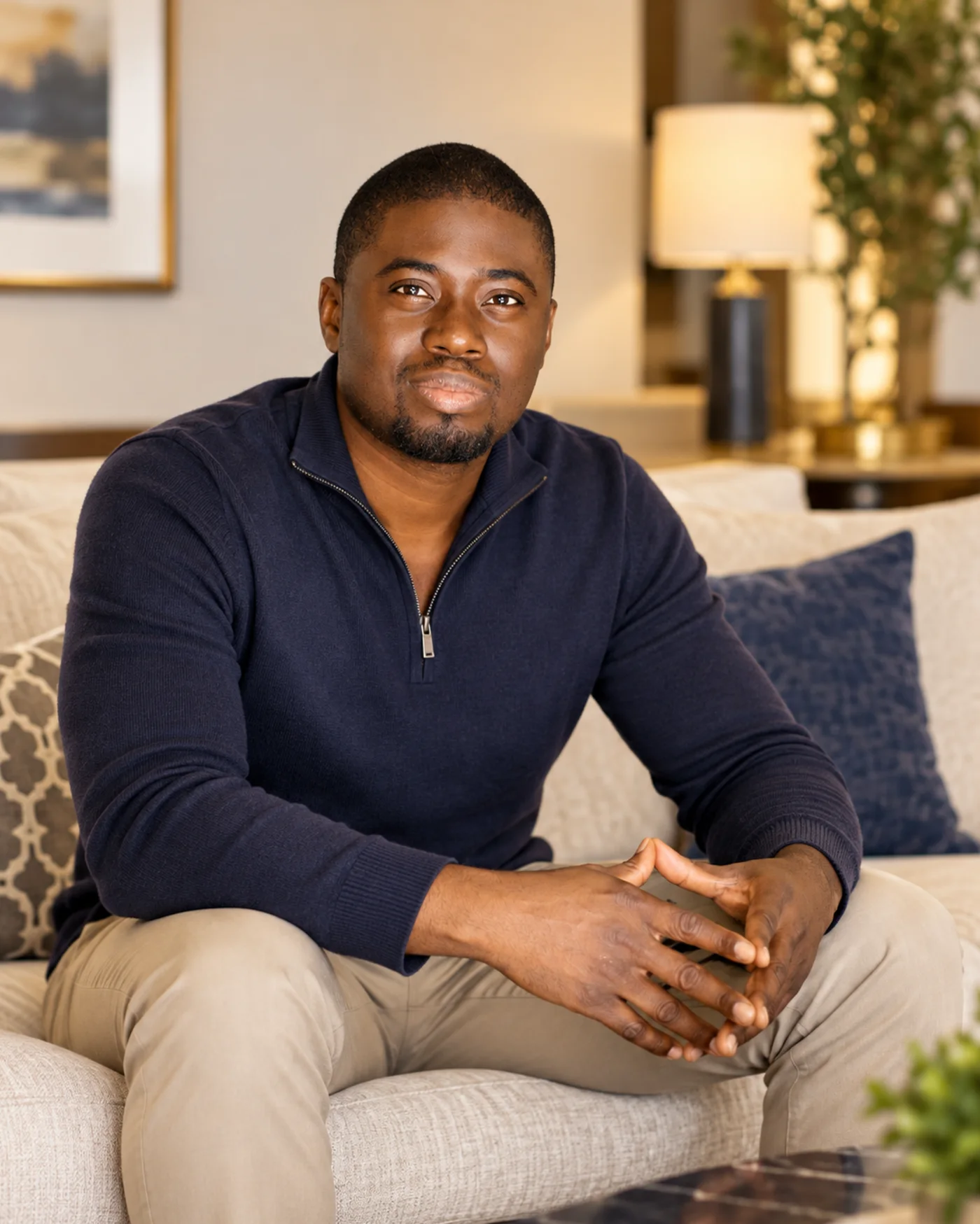 Chi Odogwu in a navy quarter-zip sweater, seated on a sofa with his hands clasped