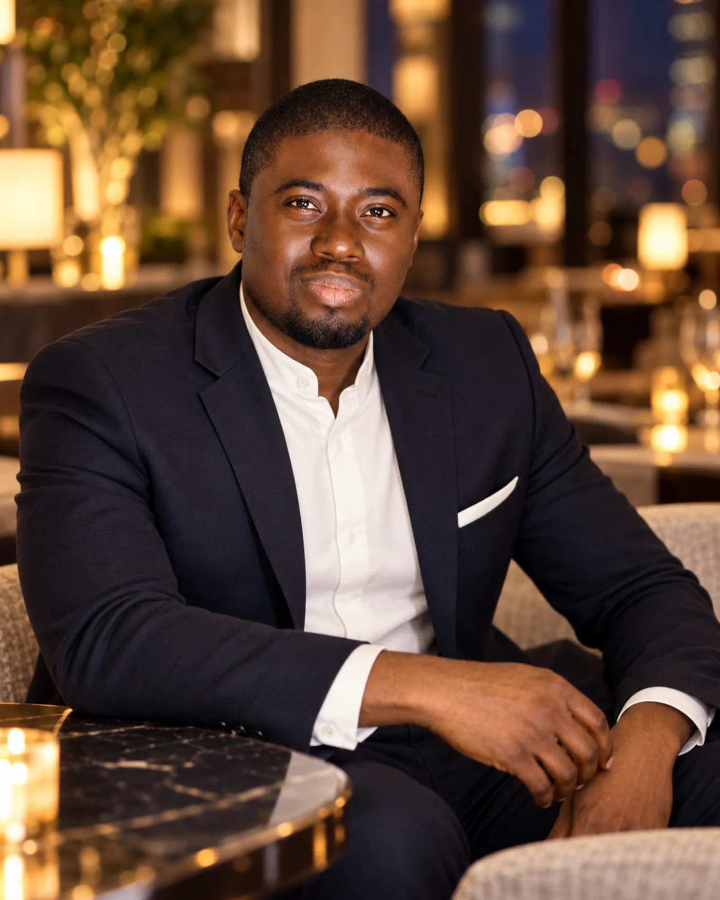 Chi Odogwu seated in a lounge, navy blazer and white shirt, hands clasped