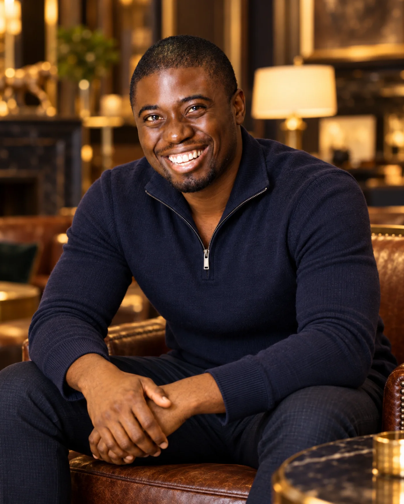Chi Odogwu smiling in a navy quarter-zip, seated in a leather armchair