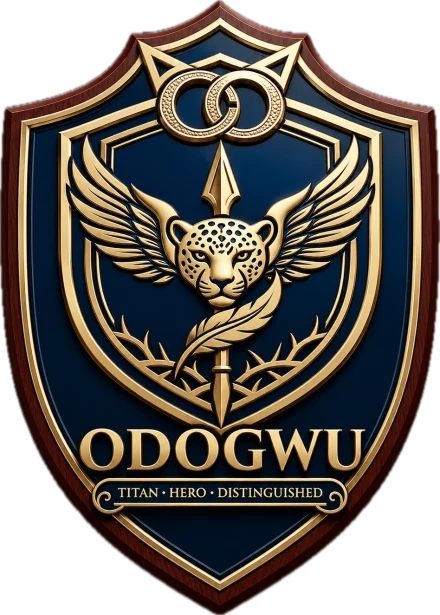 The Odogwu crest: a winged leopard over a spear and quill, with the motto Titan, Hero, Distinguished
