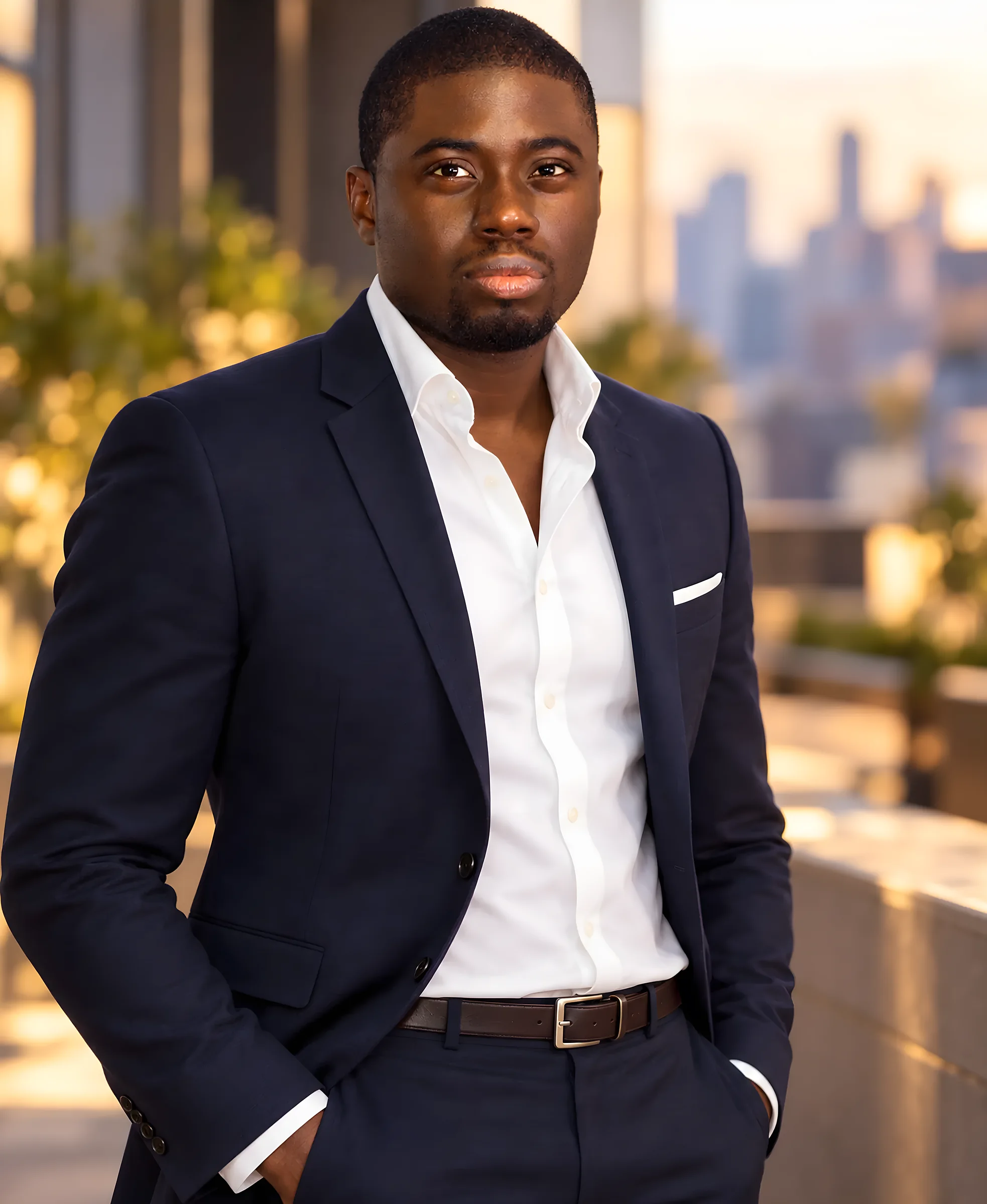 Chi Odogwu standing in a navy suit, hands in pockets, city skyline behind him