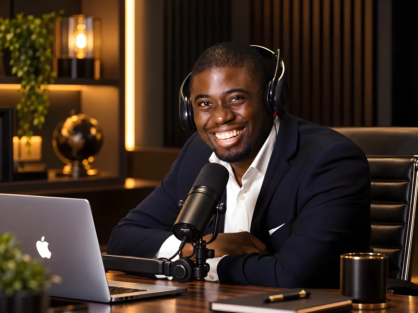 Chi Odogwu smiling at a podcast microphone, headphones on, in a gold-lit studio