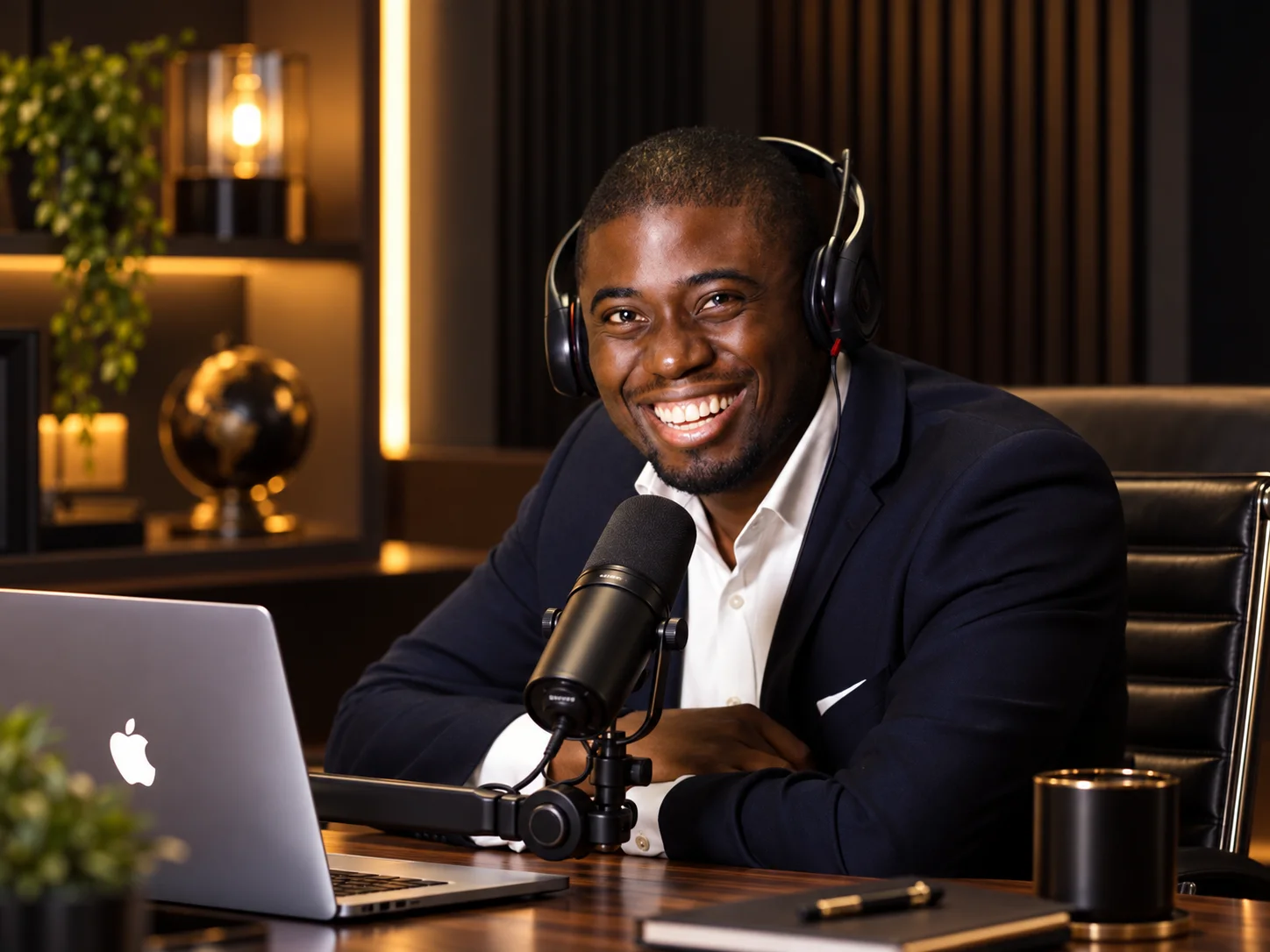 Chi Odogwu smiling at a podcast microphone, headphones on, in a gold-lit studio