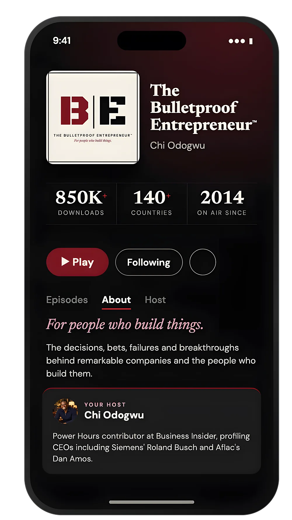 The Bulletproof Entrepreneur™ podcast on a phone, with the B and E cover art: 850K+ downloads, 140+ countries, on air since 2014