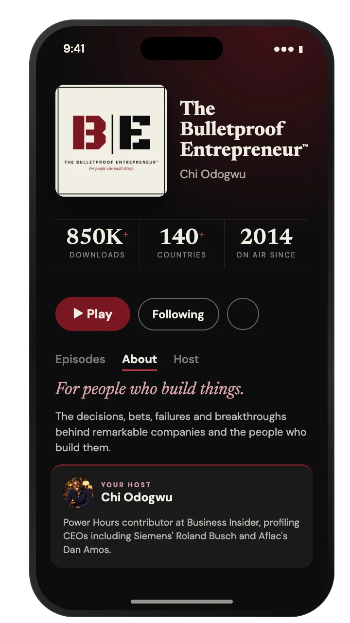 The Bulletproof Entrepreneur™ podcast on a phone, with the B and E cover art: 850K+ downloads, 140+ countries, on air since 2014